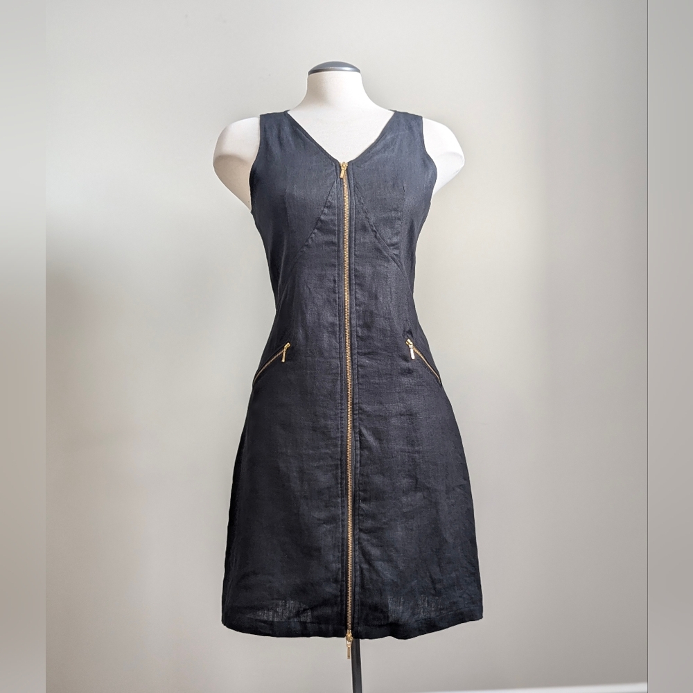 100% Linen Black  Sleeveless Shift Dress Zip A-line Sustainable small